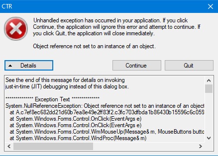 Exception txt. .Net runtime. Object reference not Set to an instance of an object [System.NULLREFERENCEEXCEPTION] details: no details.